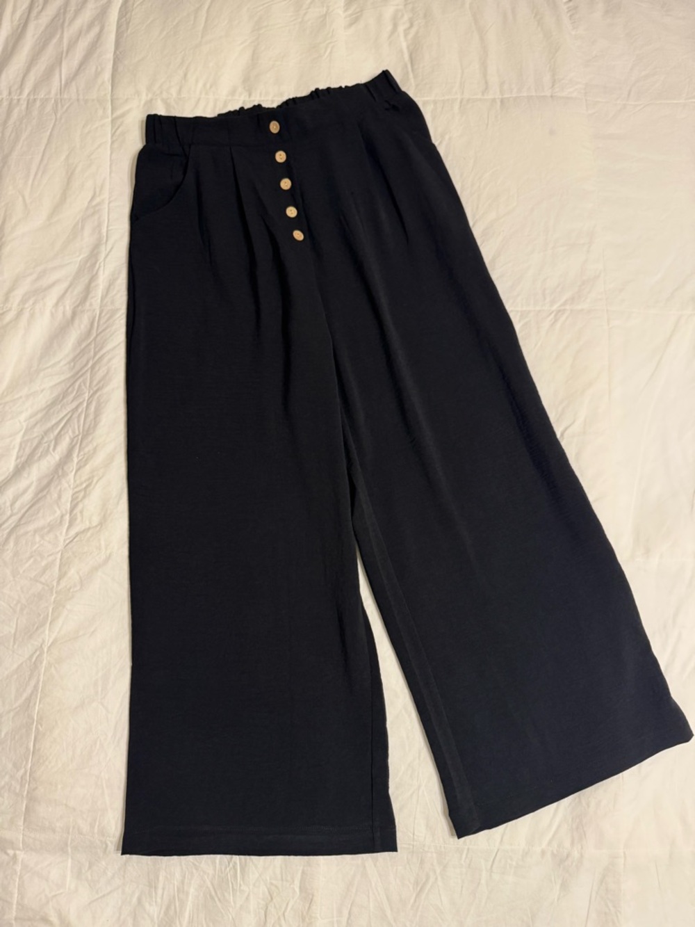 Wide Leg Black Women's Pants with Decorative Button Front
